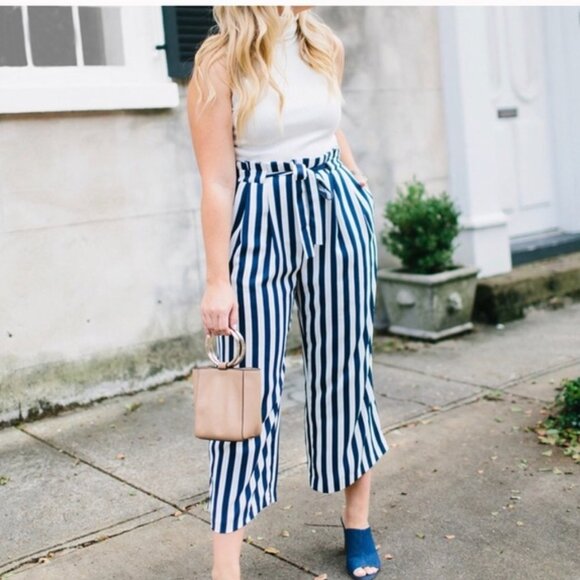 Zara Navy and White Striped Pants S - Picture 3 of 4